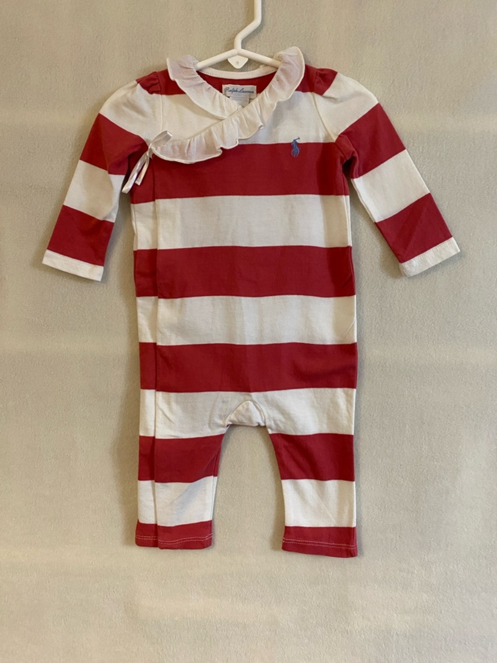 Ralph Lauren red white striped surplice ruffle long one piece